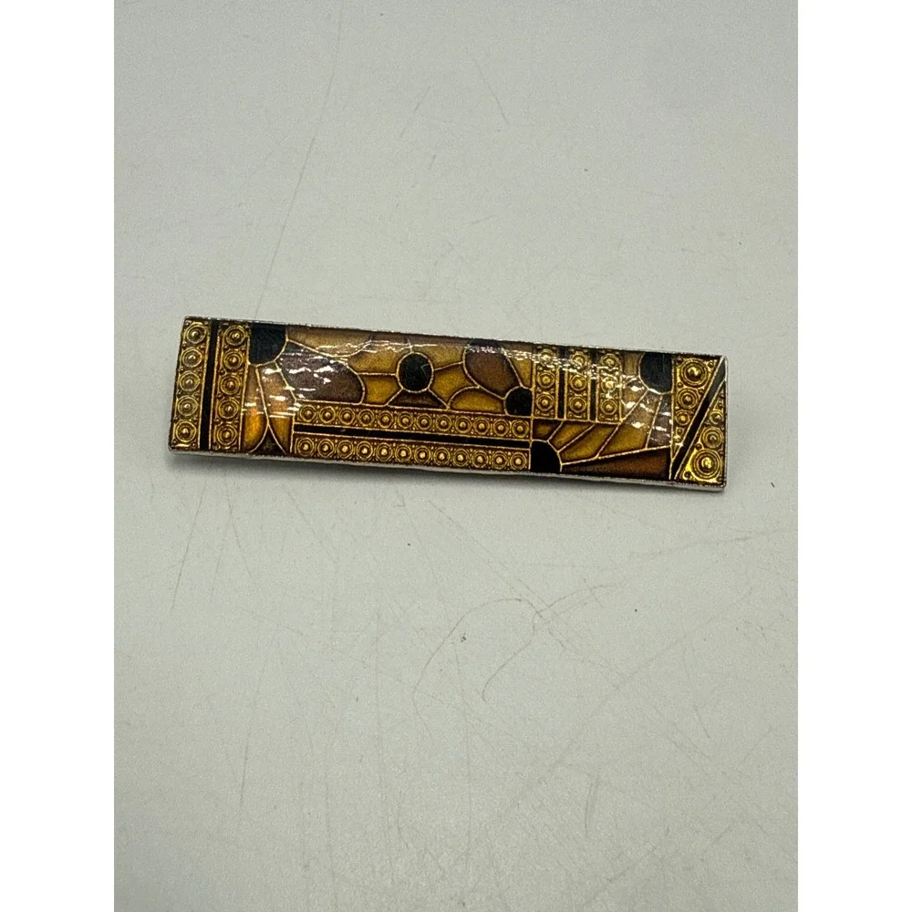 Vintage Art Deco Style Mosaic Enamel Bar Brooch Gold‎ Amber Brown Geometric Pin